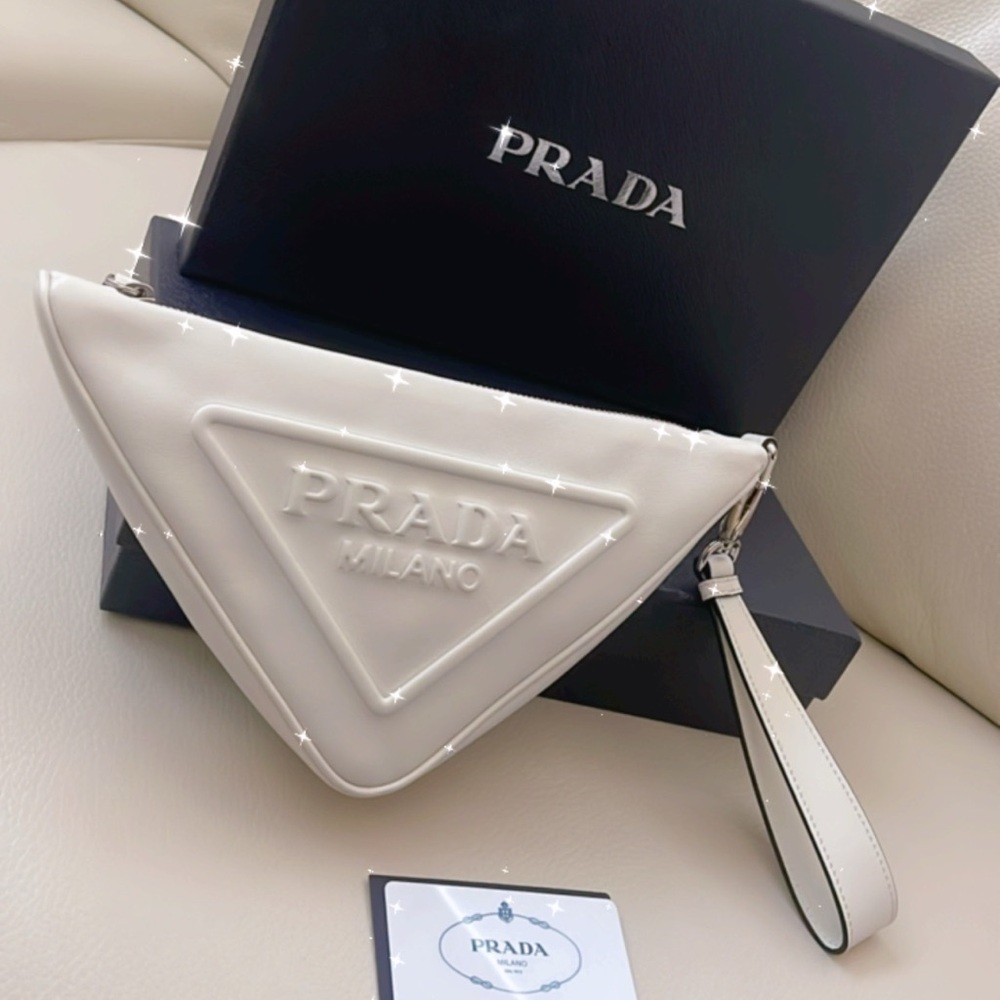 Prada Grace Lux white leather triangle clutch